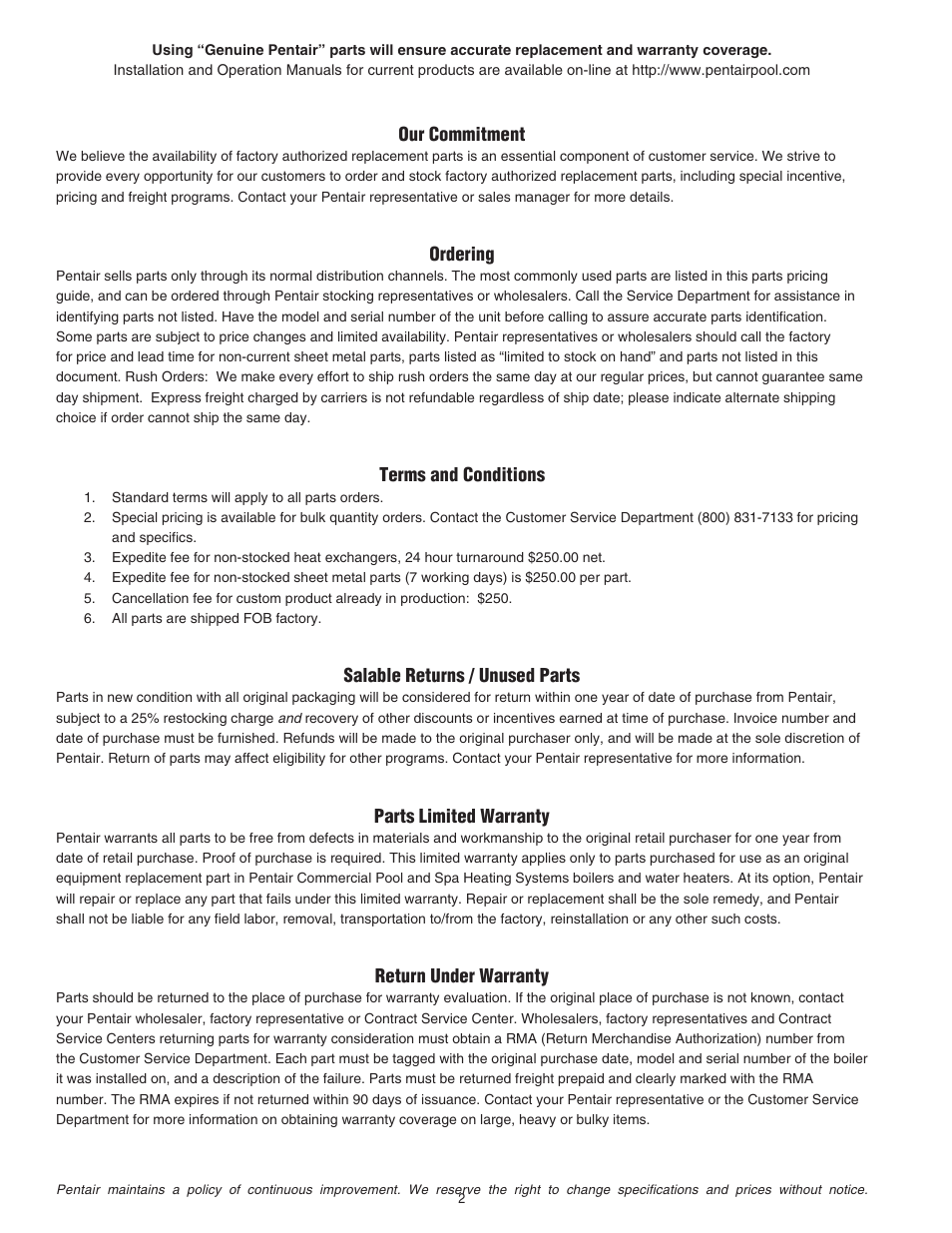 Our commitment, Ordering, Terms and conditions | Salable returns / unused parts, Parts limited warranty, Return under warranty | Pentair 472645 User Manual | Page 10 / 28
