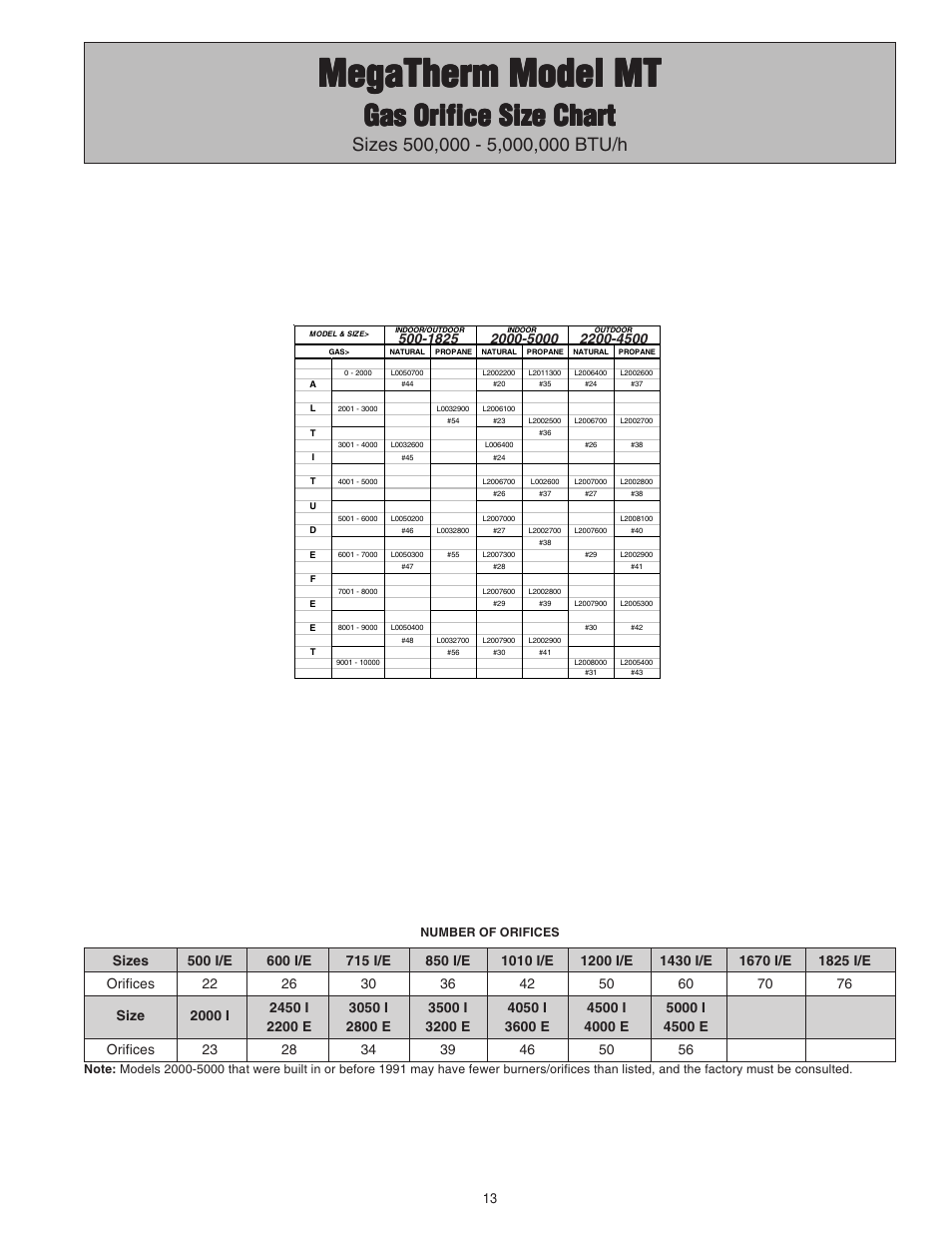 Megatherm model mt, Gas orifice size chart | Pentair 472645 User Manual | Page 21 / 28