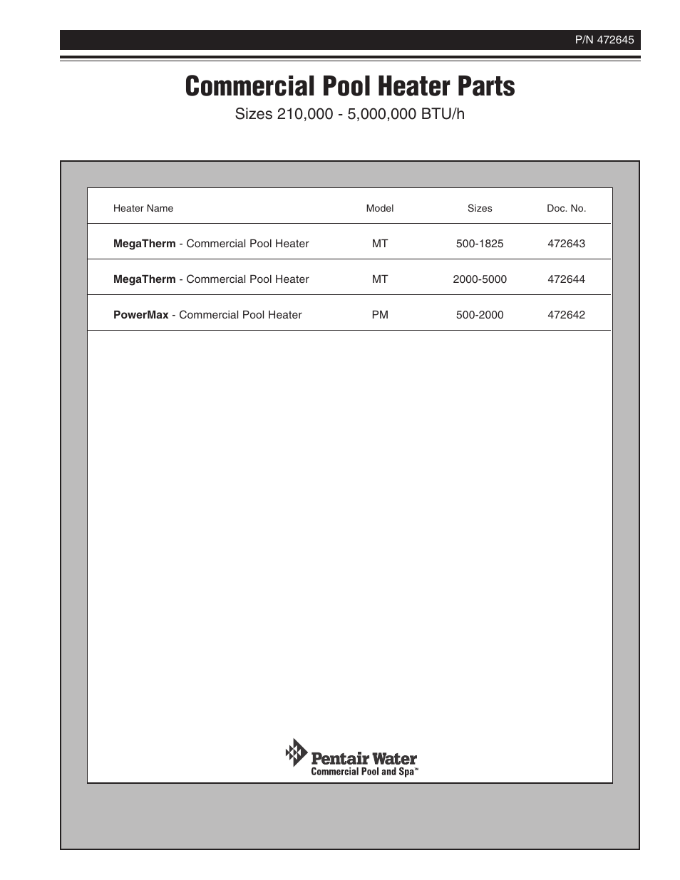 Commercial pool heater parts | Pentair 472645 User Manual | Page 9 / 28
