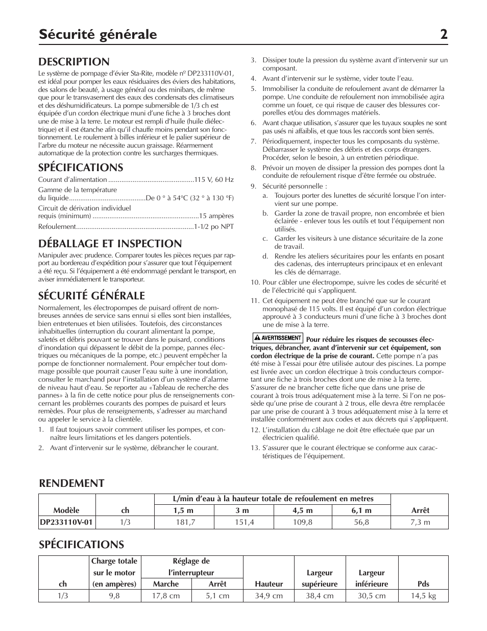 Sécurité générale 2, Description, Spécifications | Déballage et inspection, Sécurité générale, Rendement | Pentair DP233110V User Manual | Page 10 / 24