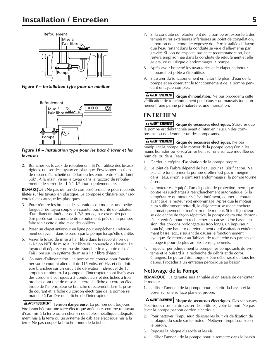 Installation / entretien 5, Entretien, Nettoyage de la pompe | Pentair DP233110V User Manual | Page 13 / 24