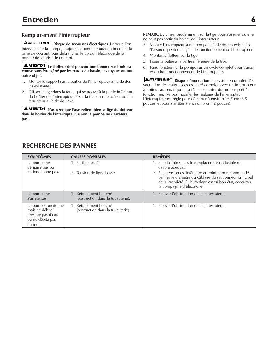 Entretien 6, Recherche des pannes | Pentair DP233110V User Manual | Page 14 / 24