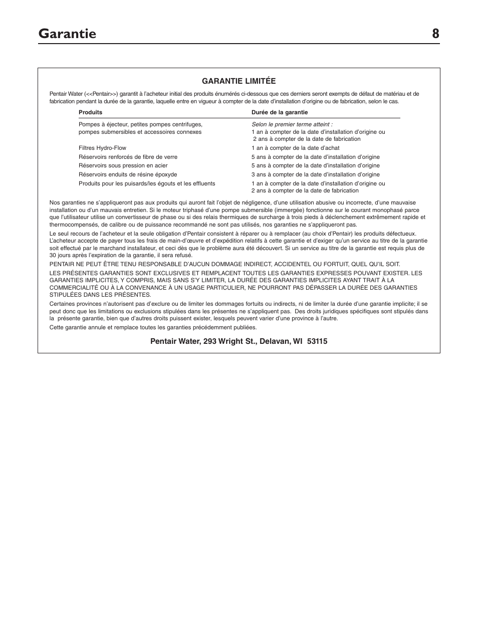 Garantie 8 | Pentair DP233110V User Manual | Page 16 / 24