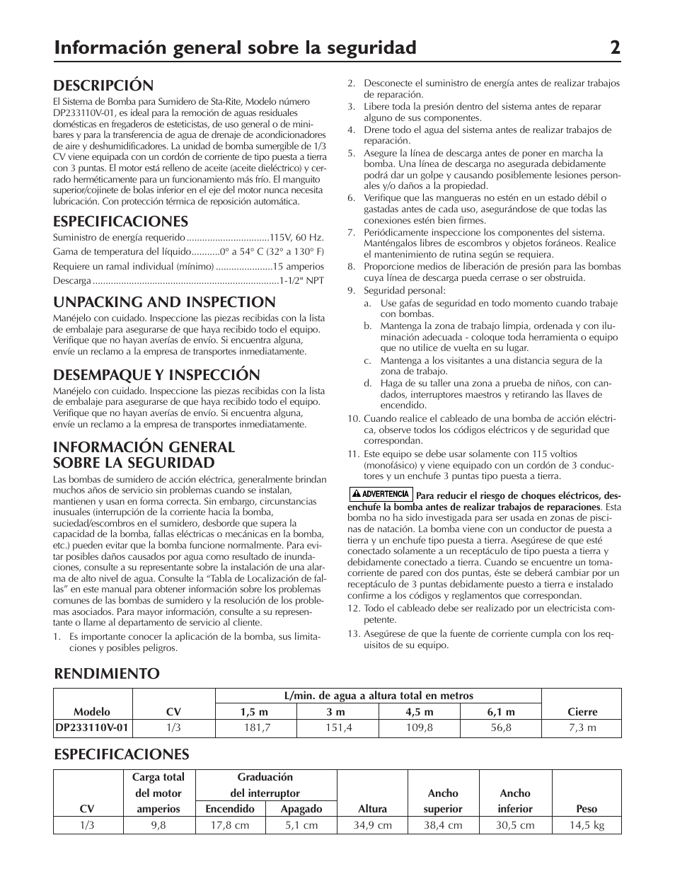 Información general sobre la seguridad 2, Descripción, Especificaciones | Unpacking and inspection, Desempaque y inspección, Información general sobre la seguridad, Rendimiento | Pentair DP233110V User Manual | Page 18 / 24