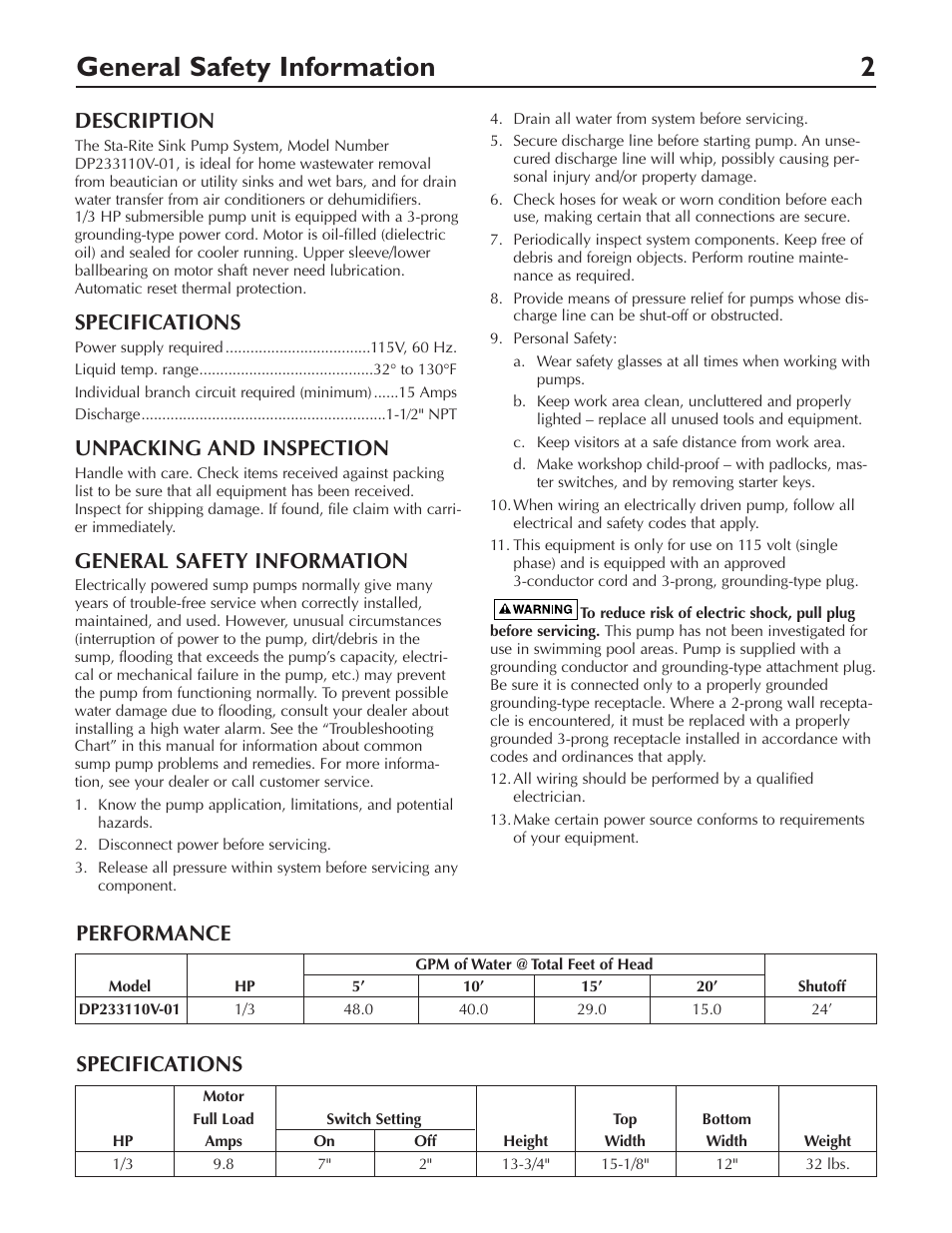 General safety information 2, Description, Specifications | Unpacking and inspection, General safety information, Performance specifications | Pentair DP233110V User Manual | Page 2 / 24