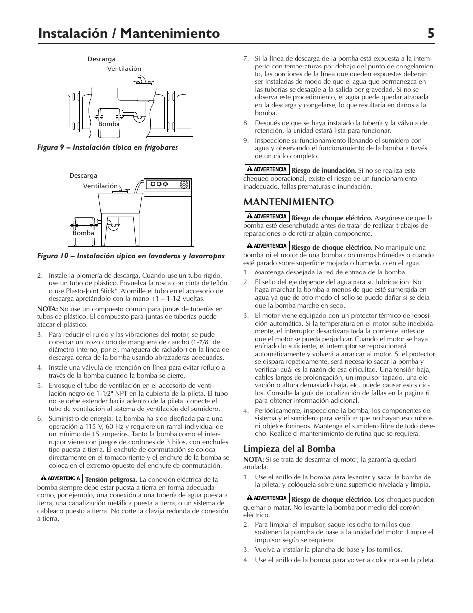 Instalación / mantenimiento 5, Mantenimiento, Limpieza del al bomba | Pentair DP233110V User Manual | Page 21 / 24