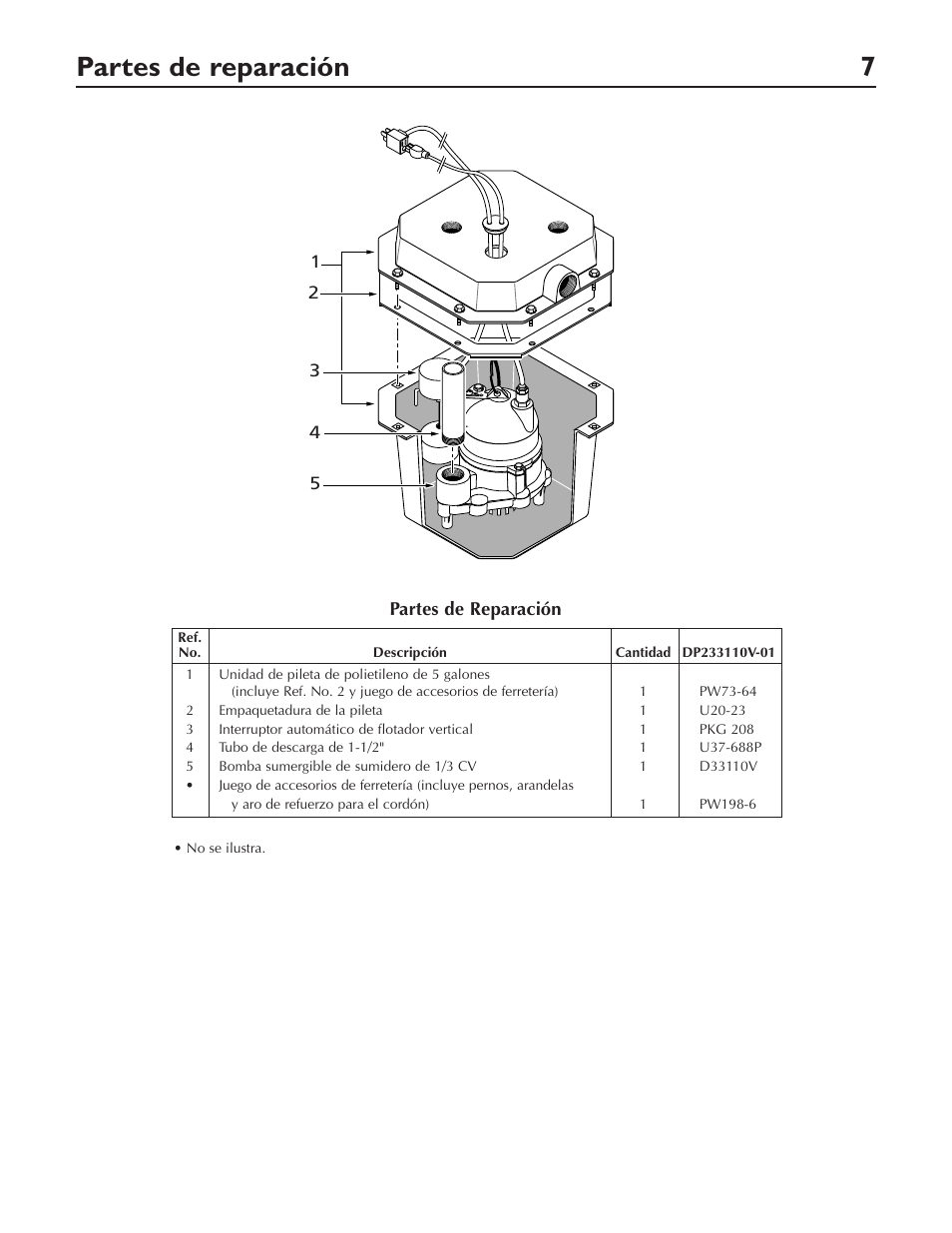 Partes de reparación 7 | Pentair DP233110V User Manual | Page 23 / 24