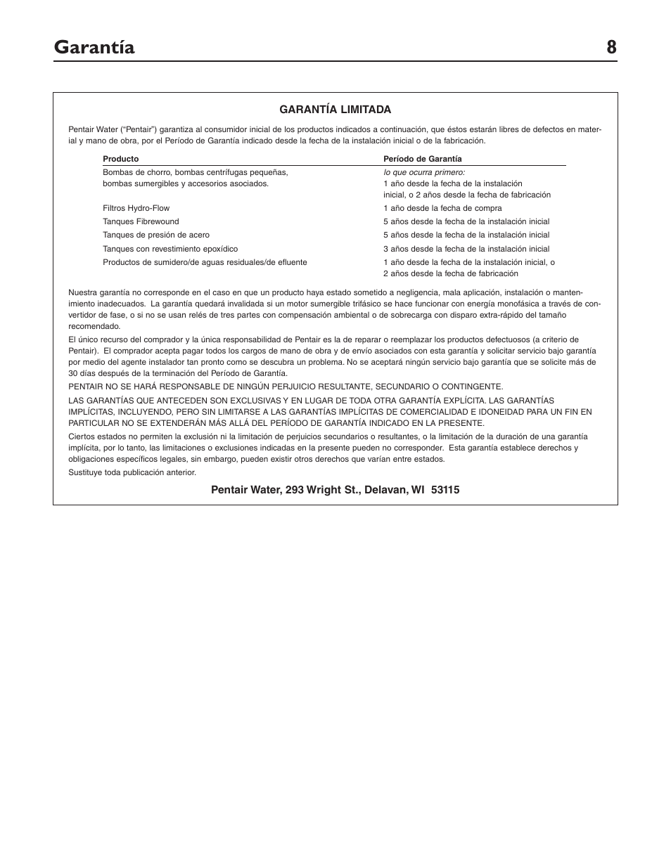 Garantía 8 | Pentair DP233110V User Manual | Page 24 / 24