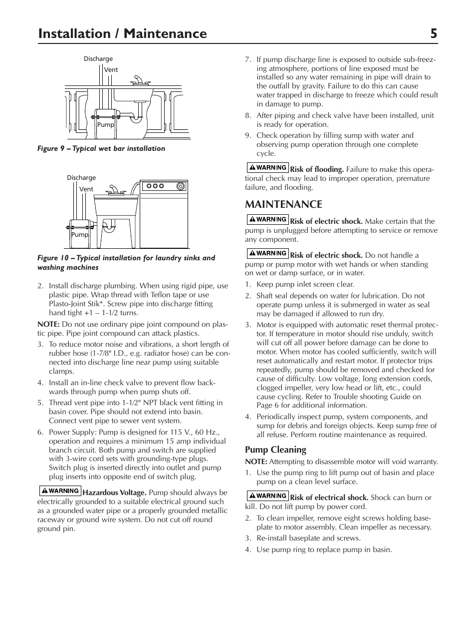 Installation / maintenance 5, Maintenance | Pentair DP233110V User Manual | Page 5 / 24