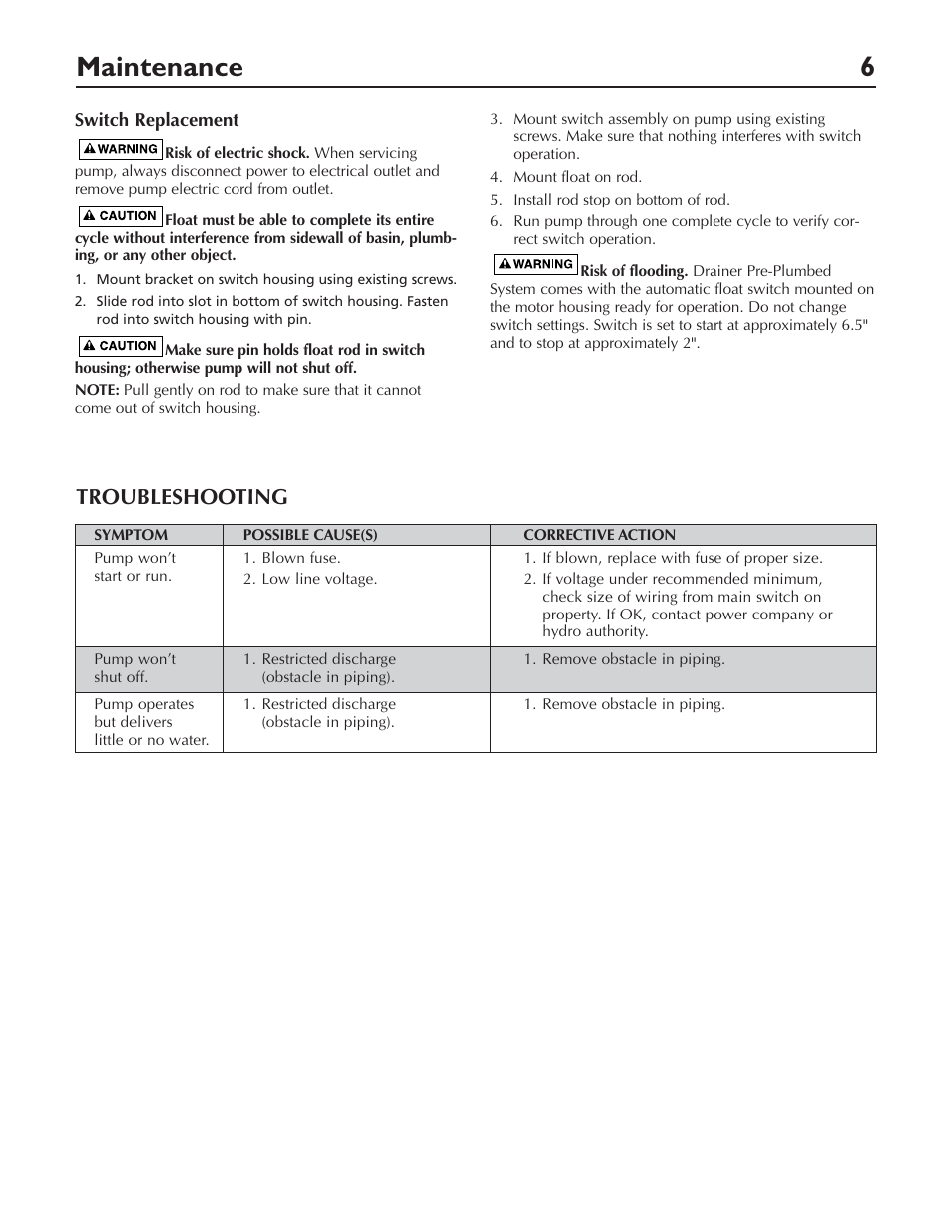 Maintenance 6, Troubleshooting | Pentair DP233110V User Manual | Page 6 / 24