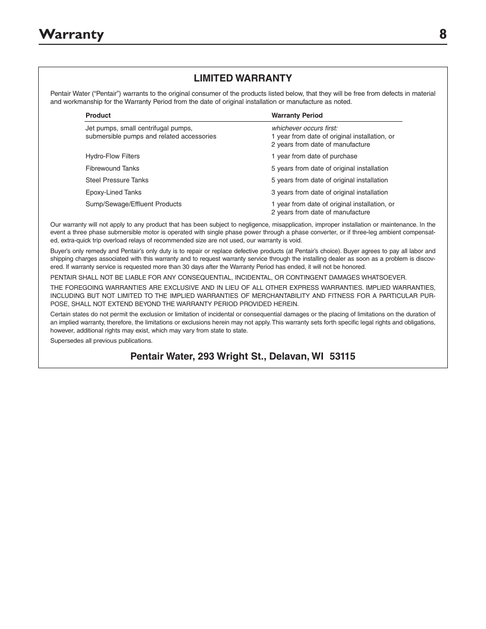 Warranty 8, Limited warranty | Pentair DP233110V User Manual | Page 8 / 24