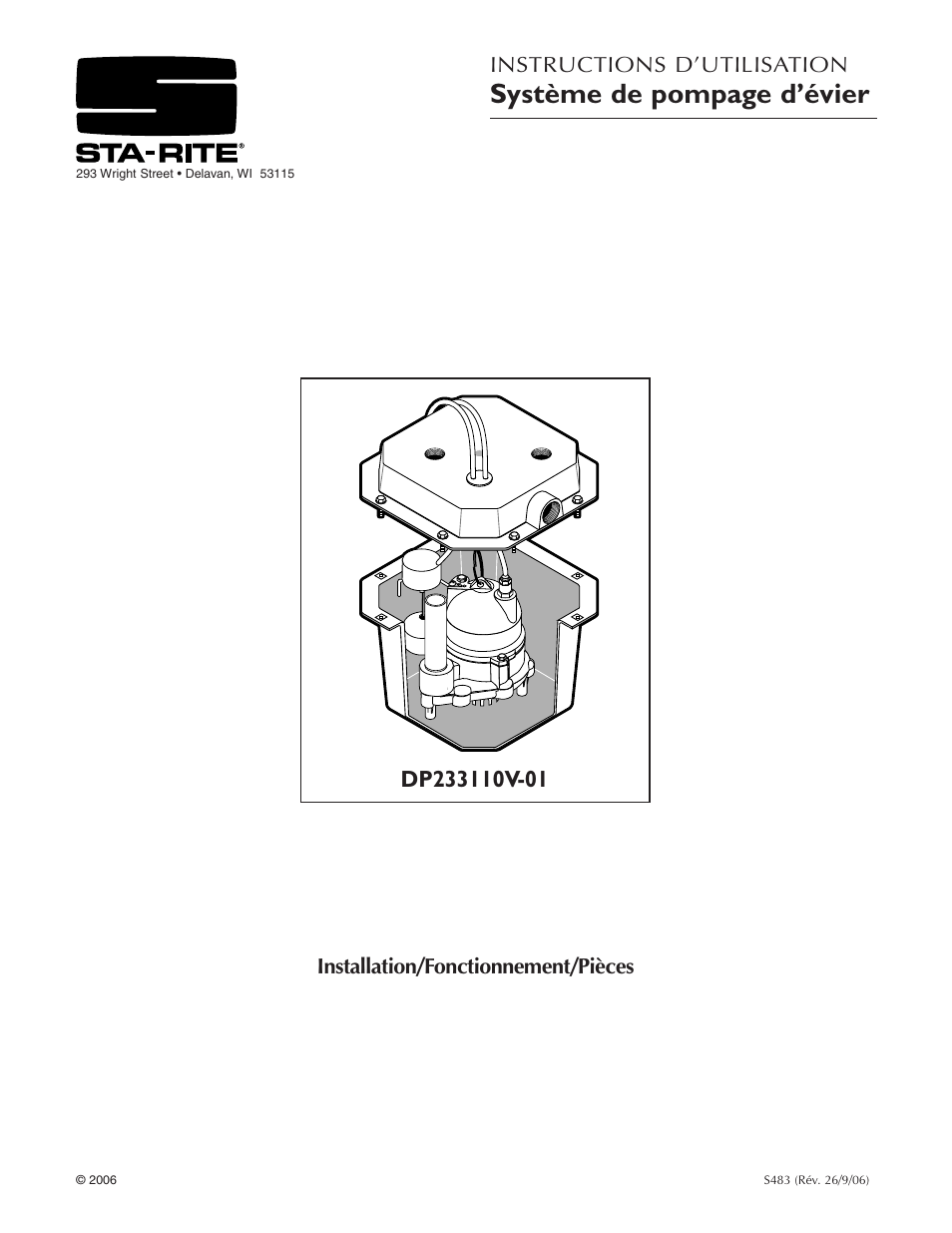 Système de pompage d’évier, Instructions d’utilisation, Installation/fonctionnement/pièces | Pentair DP233110V User Manual | Page 9 / 24