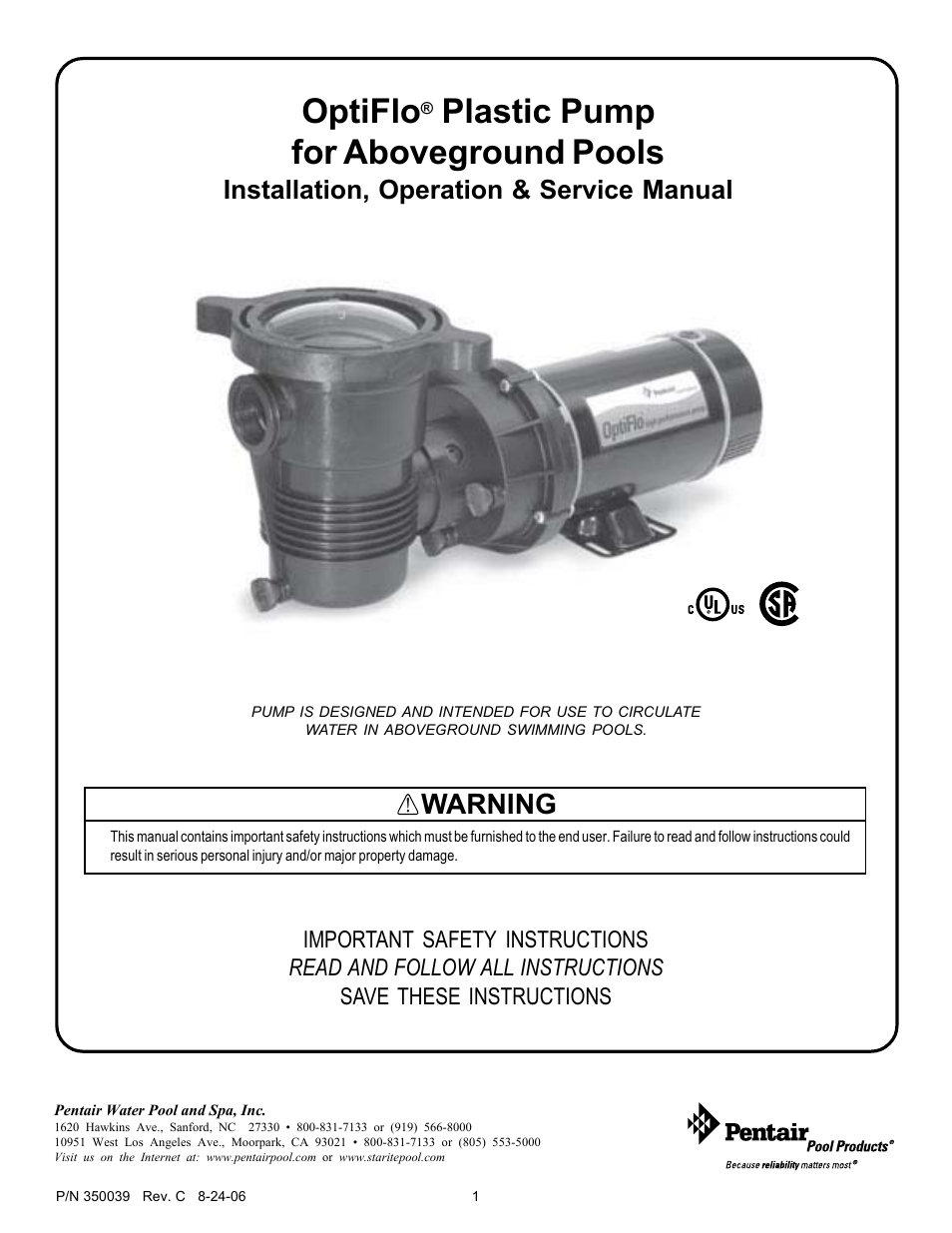 Pentair OptiFlo 4HP-HD - 3' STD User Manual | 12 pages