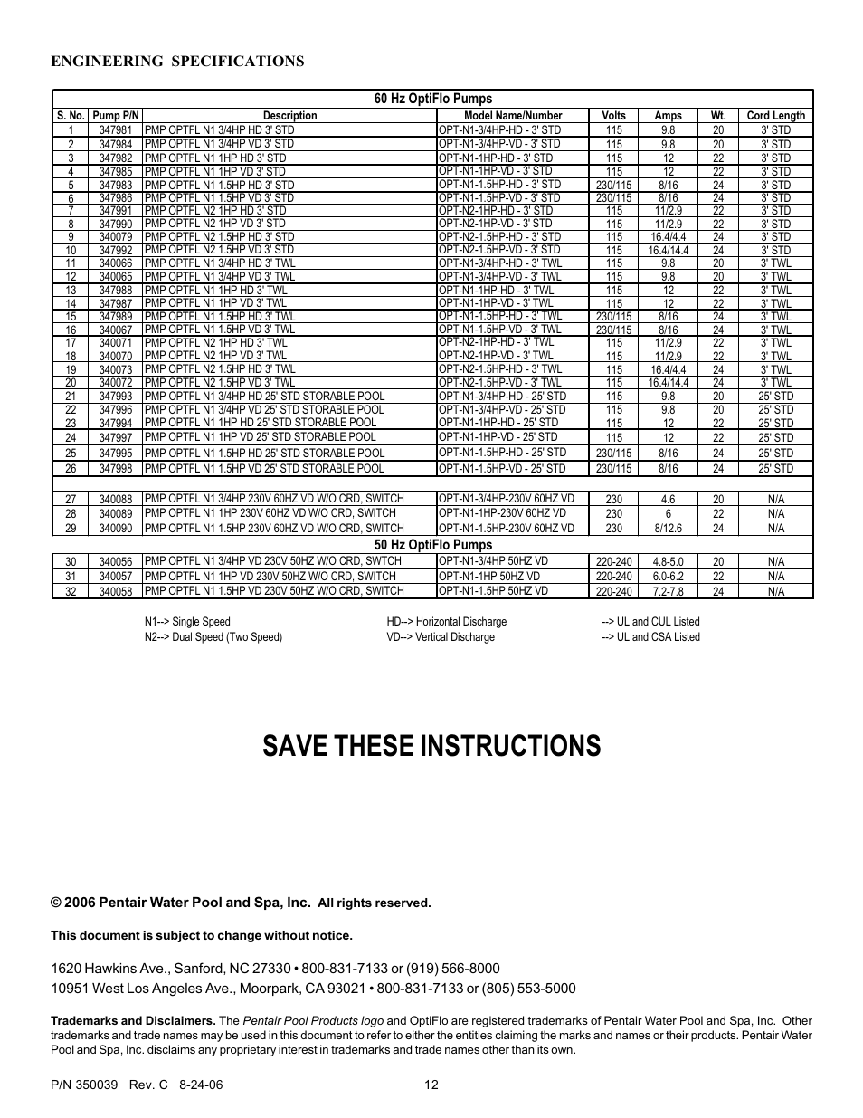 Save these instructions, Engineering specifications | Pentair OptiFlo 4HP-HD - 3' STD User Manual | Page 12 / 12