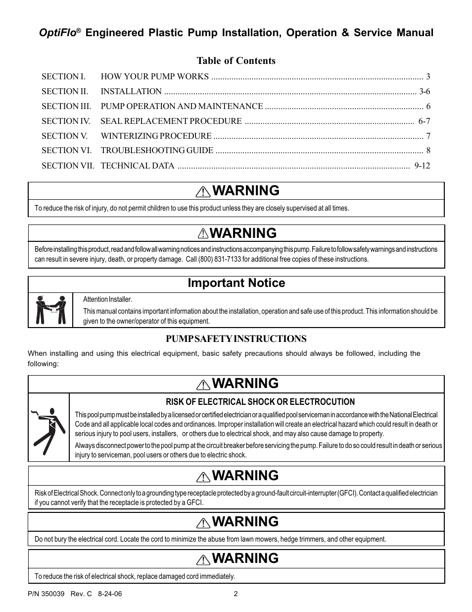 Warning, Important notice | Pentair OptiFlo 4HP-HD - 3' STD User Manual | Page 2 / 12