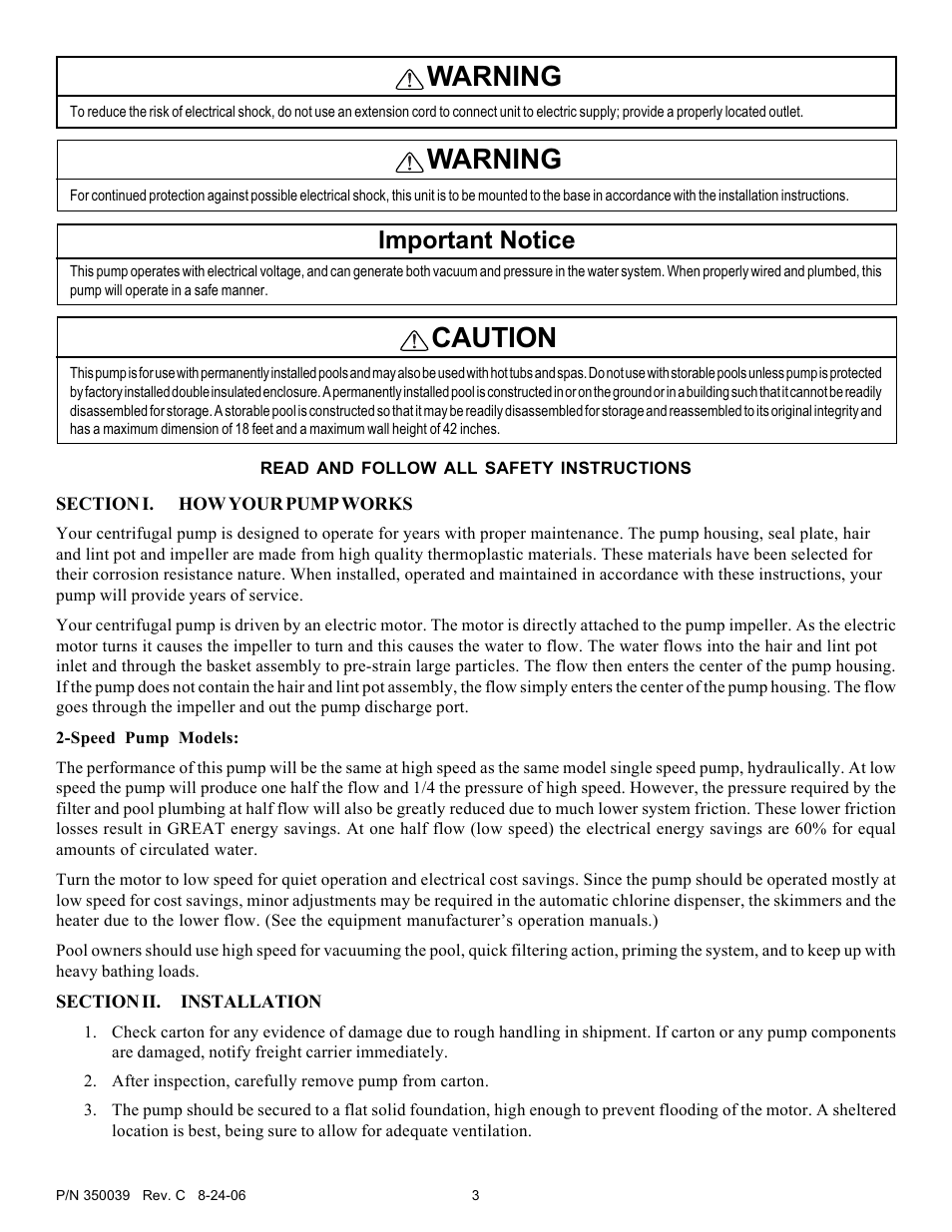 Warning, Caution, Important notice | Pentair OptiFlo 4HP-HD - 3' STD User Manual | Page 3 / 12