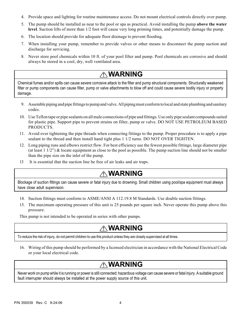 Warning | Pentair OptiFlo 4HP-HD - 3' STD User Manual | Page 4 / 12