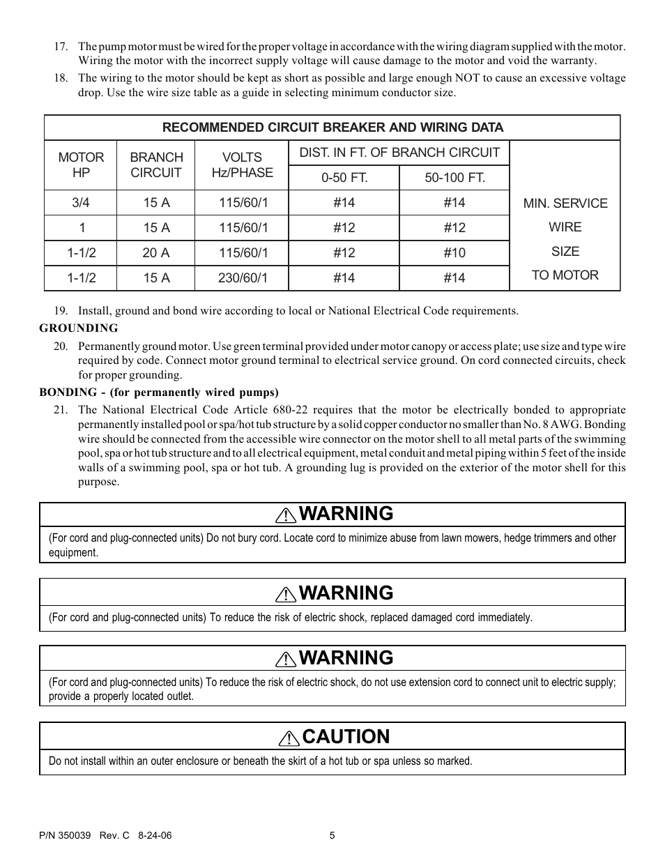 Warning, Caution | Pentair OptiFlo 4HP-HD - 3' STD User Manual | Page 5 / 12