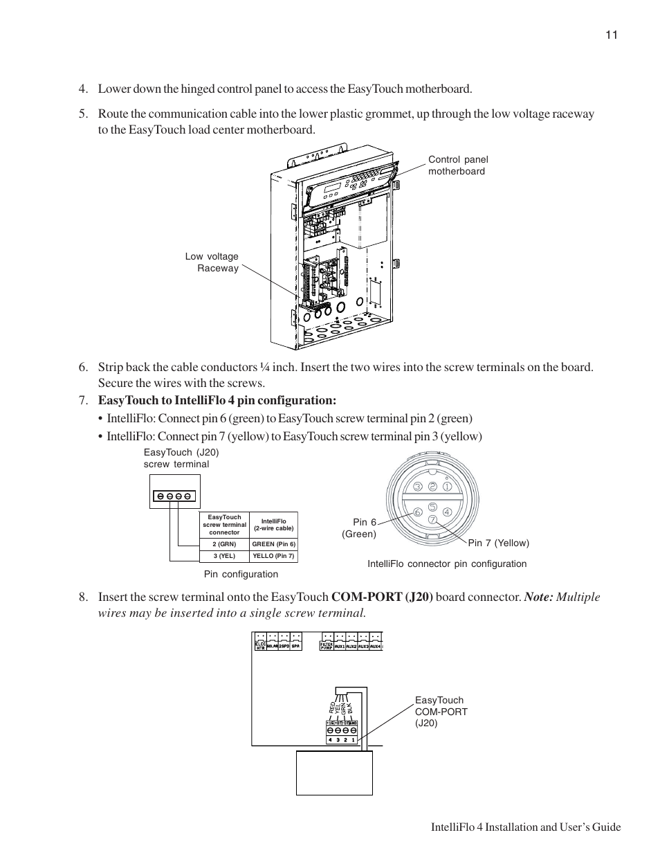 11 intelliflo 4 installation and user’s guide, Pin configuration easytouch (j20) screw terminal, Low voltage raceway control panel motherboard | Pentair INTELLIFLO 100 User Manual | Page 17 / 36
