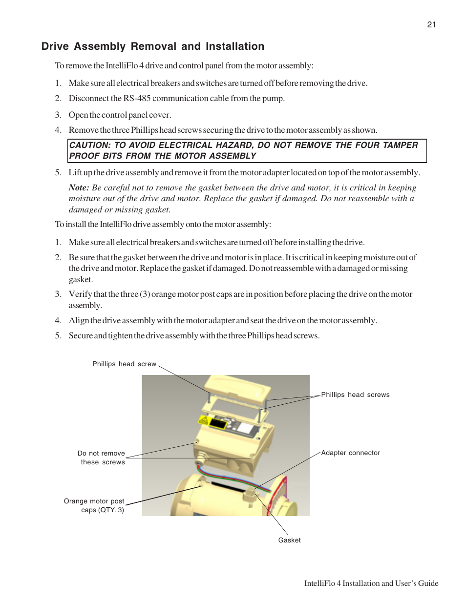 Drive assembly removal and installation | Pentair INTELLIFLO 100 User Manual | Page 27 / 36