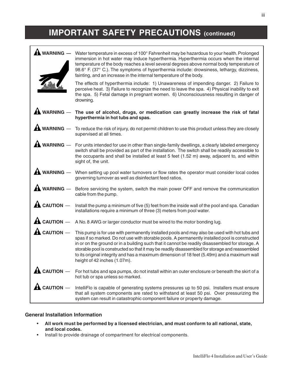 Important safety precautions | Pentair INTELLIFLO 100 User Manual | Page 5 / 36
