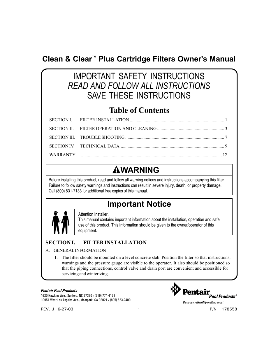 Pentair Clean & Clear Plus Cartridge Filter User Manual | 12 pages