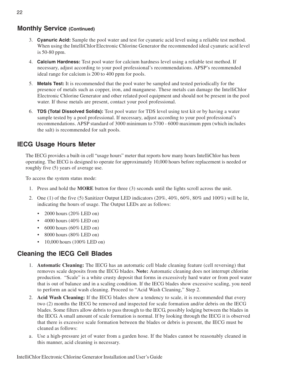 Monthly service, Iecg usage hours meter, Cleaning the iecg cell blades | Pentair IC20 User Manual | Page 30 / 48