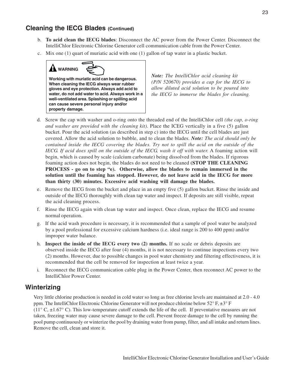 Winterizing, Cleaning the iecg blades | Pentair IC20 User Manual | Page 31 / 48