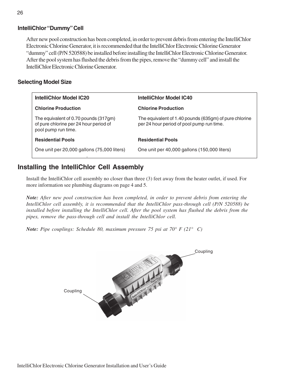 Installing the intellichlor cell assembly | Pentair IC20 User Manual | Page 34 / 48