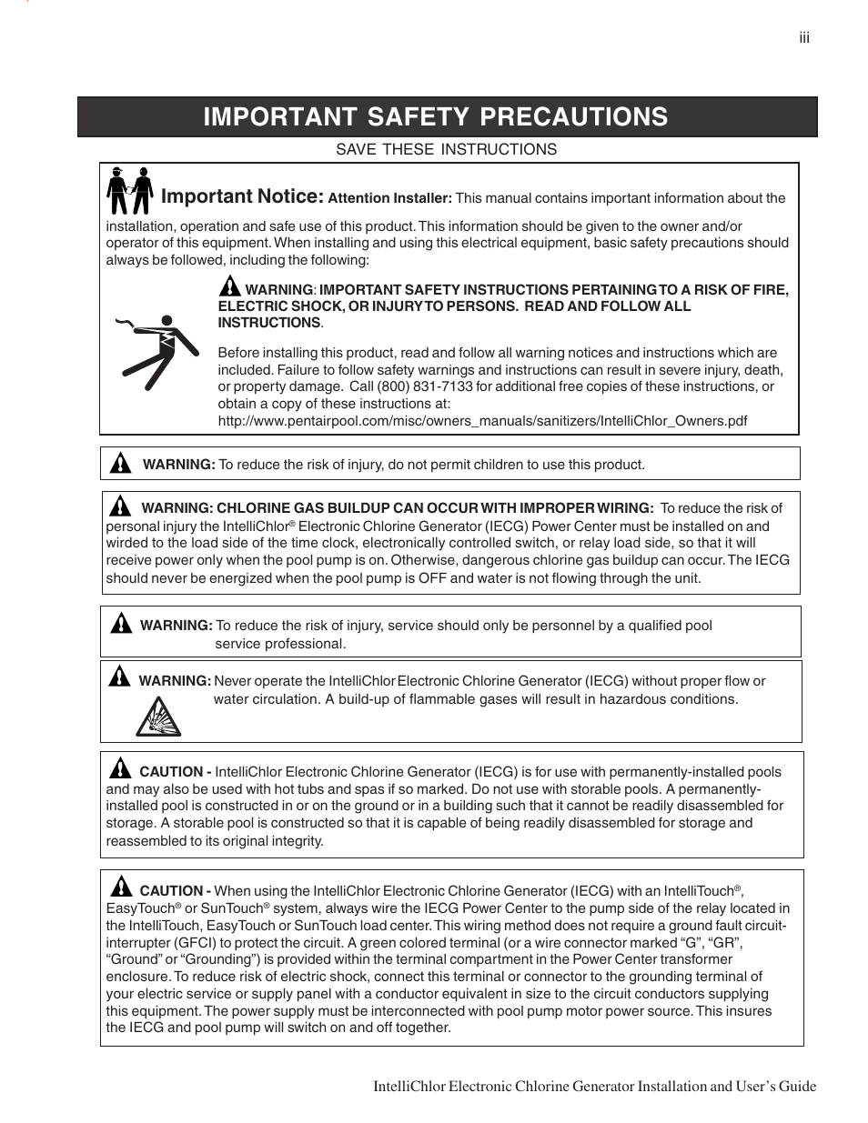 Important safety precautions, Important notice | Pentair IC20 User Manual | Page 5 / 48