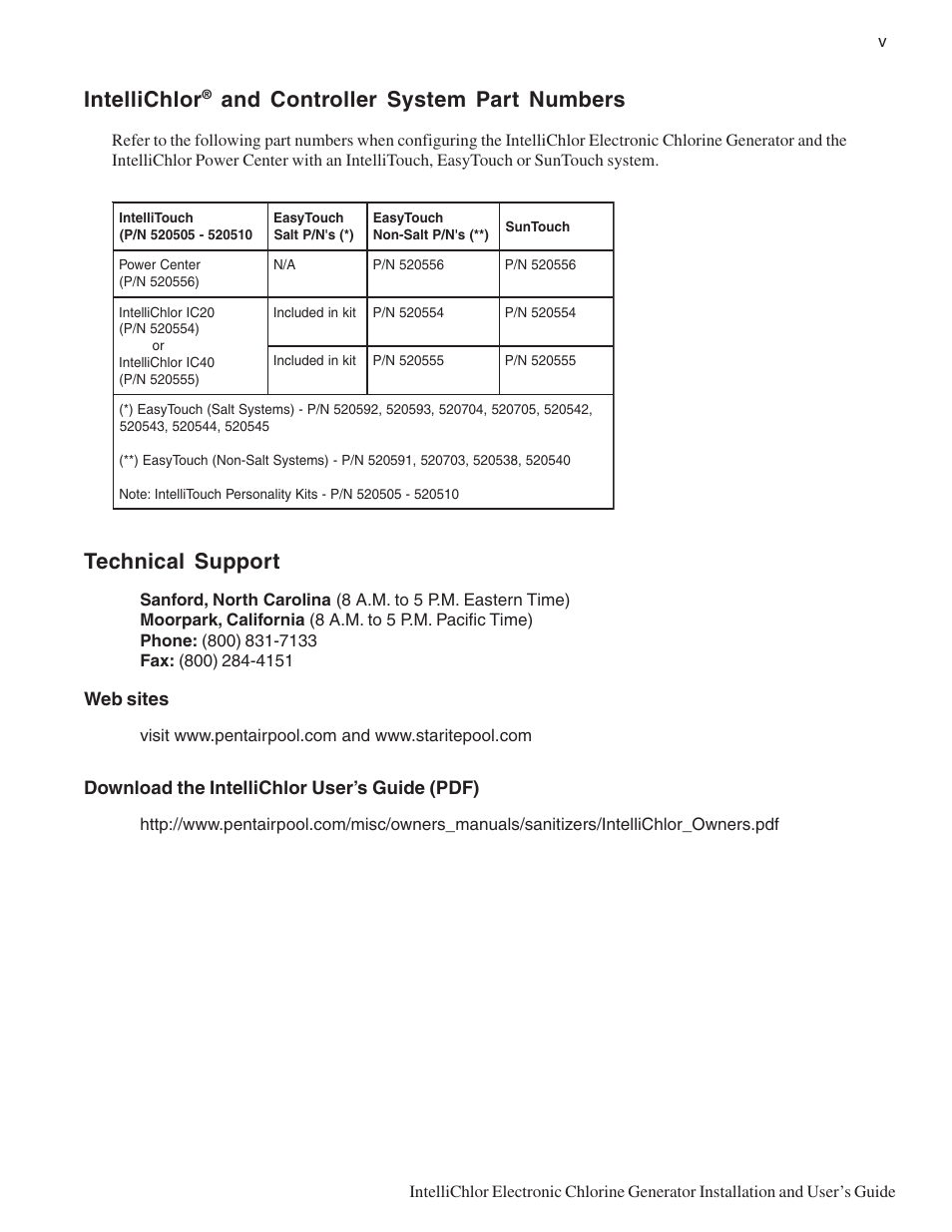 Intellichlor, And controller system part numbers, Technical support | Web sites, Download the intellichlor user’s guide (pdf) | Pentair IC20 User Manual | Page 7 / 48