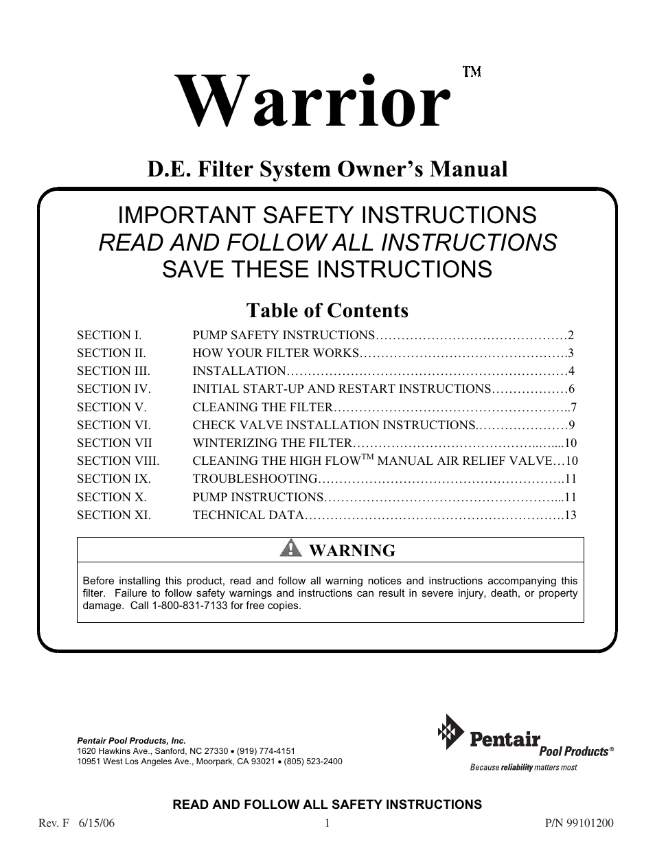 Pentair D.E. Cartridge Style Filter User Manual | 20 pages
