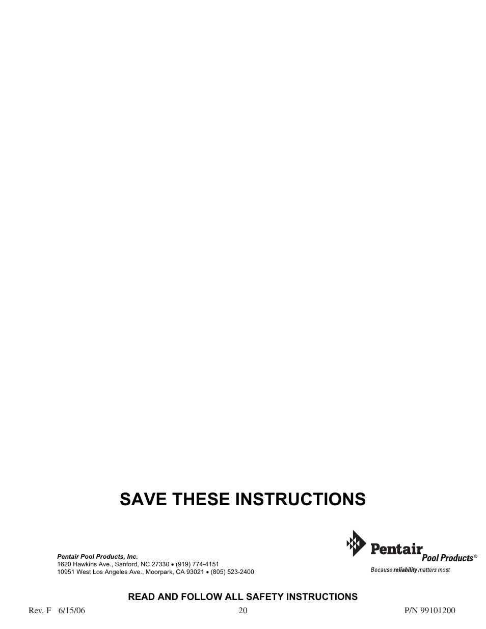 Save these instructions | Pentair D.E. Cartridge Style Filter User Manual | Page 20 / 20