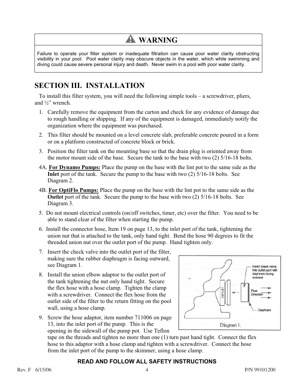 Warning | Pentair D.E. Cartridge Style Filter User Manual | Page 4 / 20