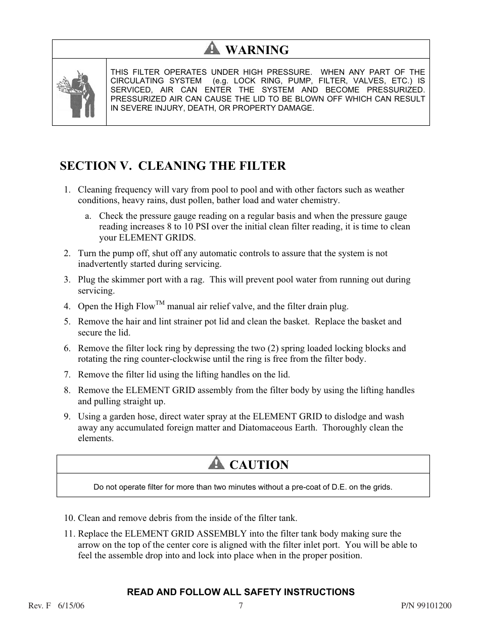 Warning, Caution | Pentair D.E. Cartridge Style Filter User Manual | Page 7 / 20