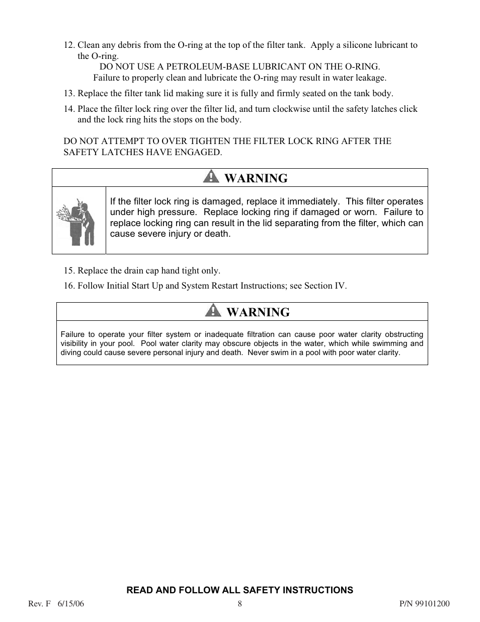 Warning | Pentair D.E. Cartridge Style Filter User Manual | Page 8 / 20