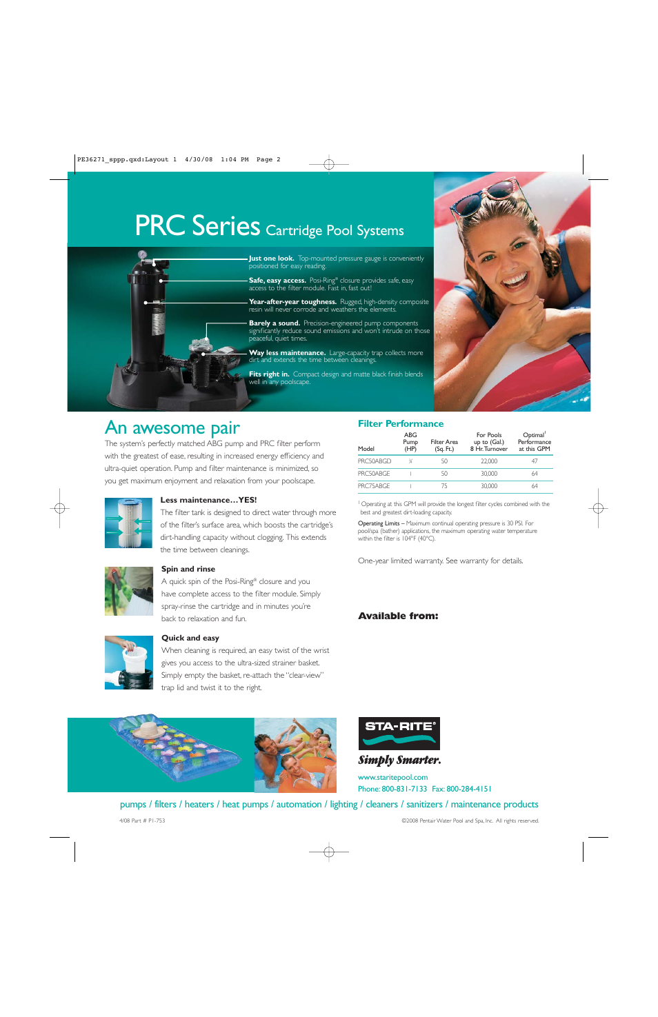Prc series, An awesome pair, Cartridge pool systems | Pentair PRC Series User Manual | Page 2 / 2