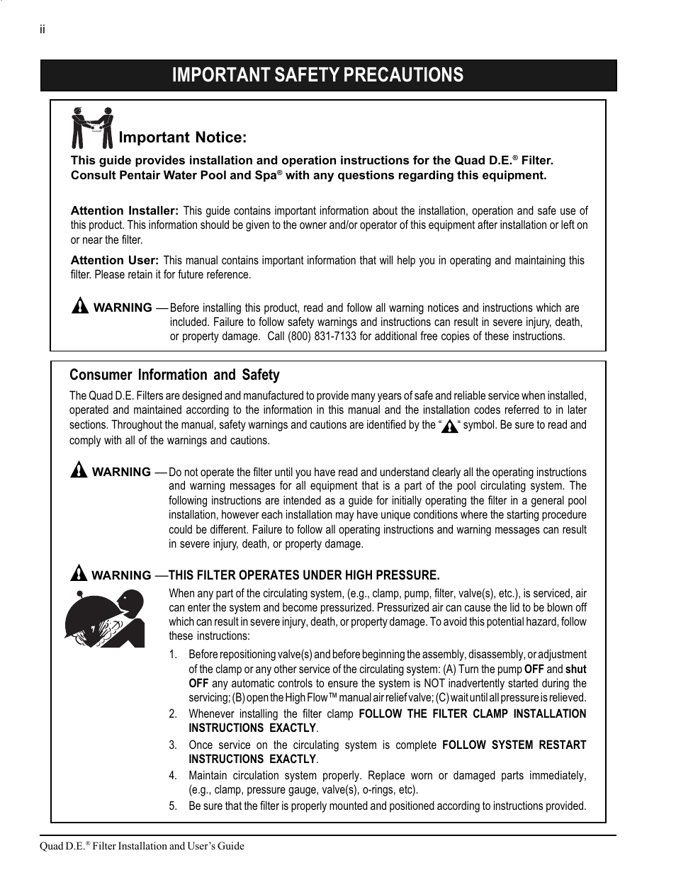 Important safety precautions, Consumer information and safety, Important notice | Pentair D.E. Cartridge Style Filter Quad D.E. User Manual | Page 4 / 24