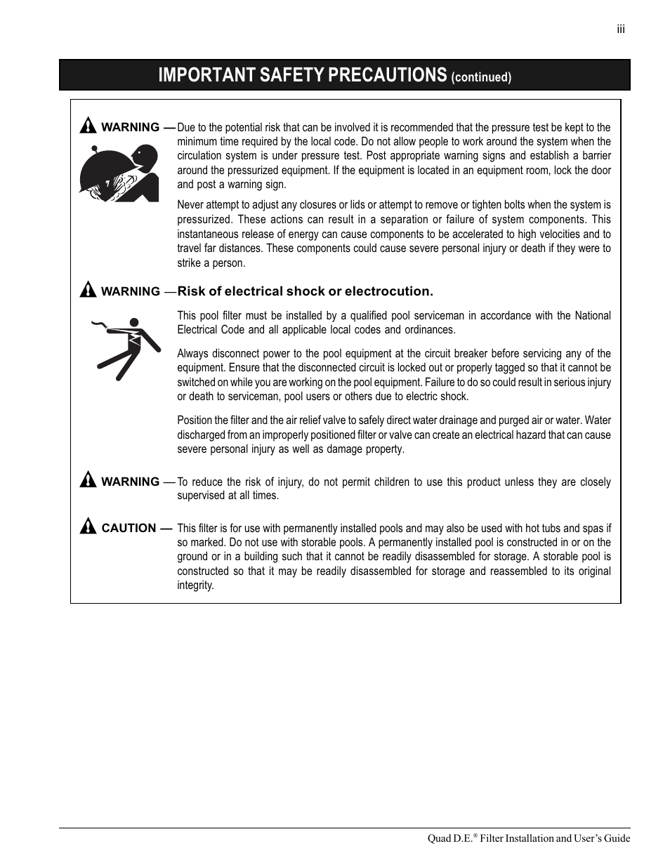 Important safety precautions | Pentair D.E. Cartridge Style Filter Quad D.E. User Manual | Page 5 / 24