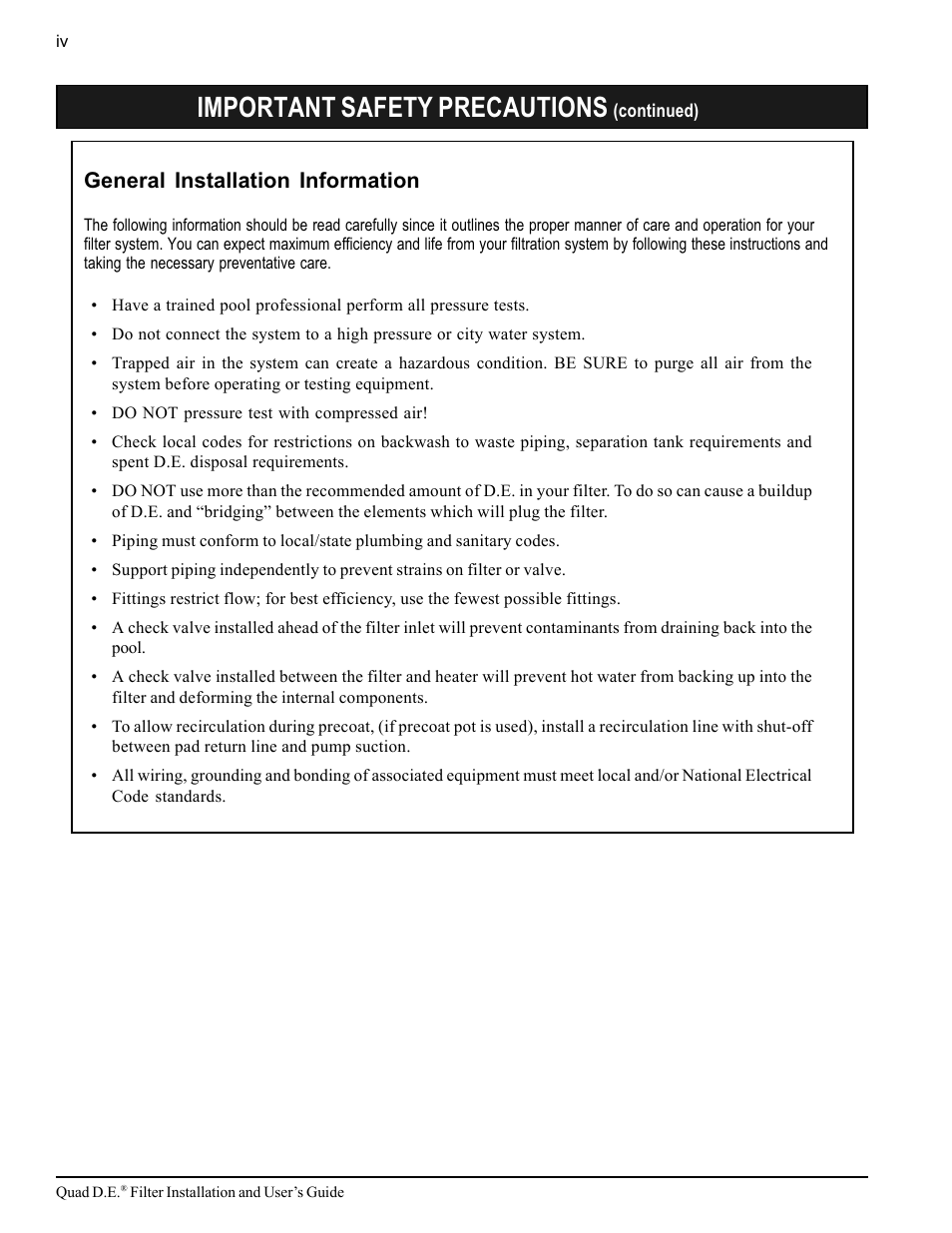 Important safety precautions, General installation information | Pentair D.E. Cartridge Style Filter Quad D.E. User Manual | Page 6 / 24