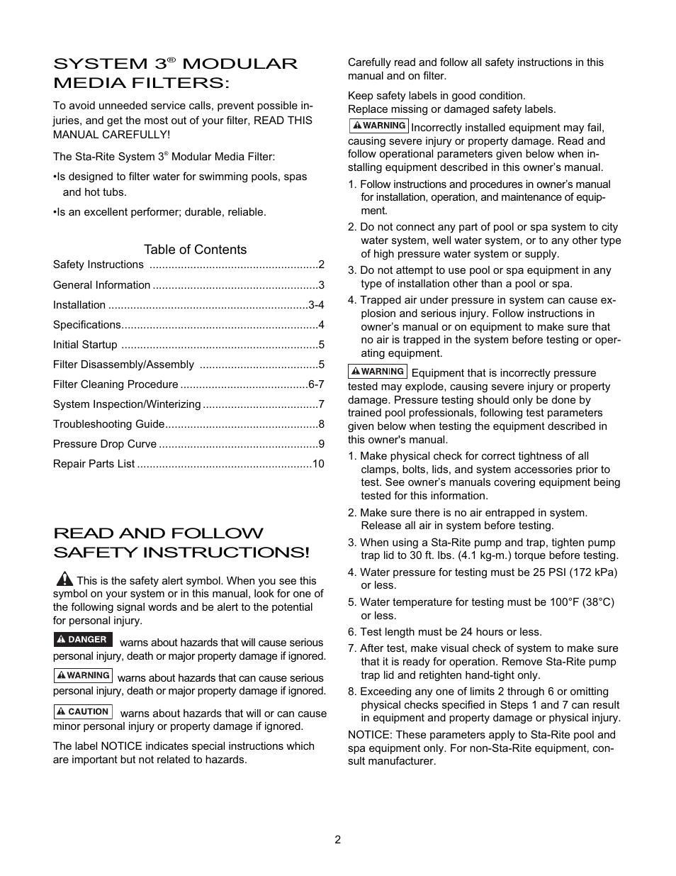 System 3, Modular media filters, Read and follow safety instructions | Pentair System 3 S8M600 User Manual | Page 2 / 12