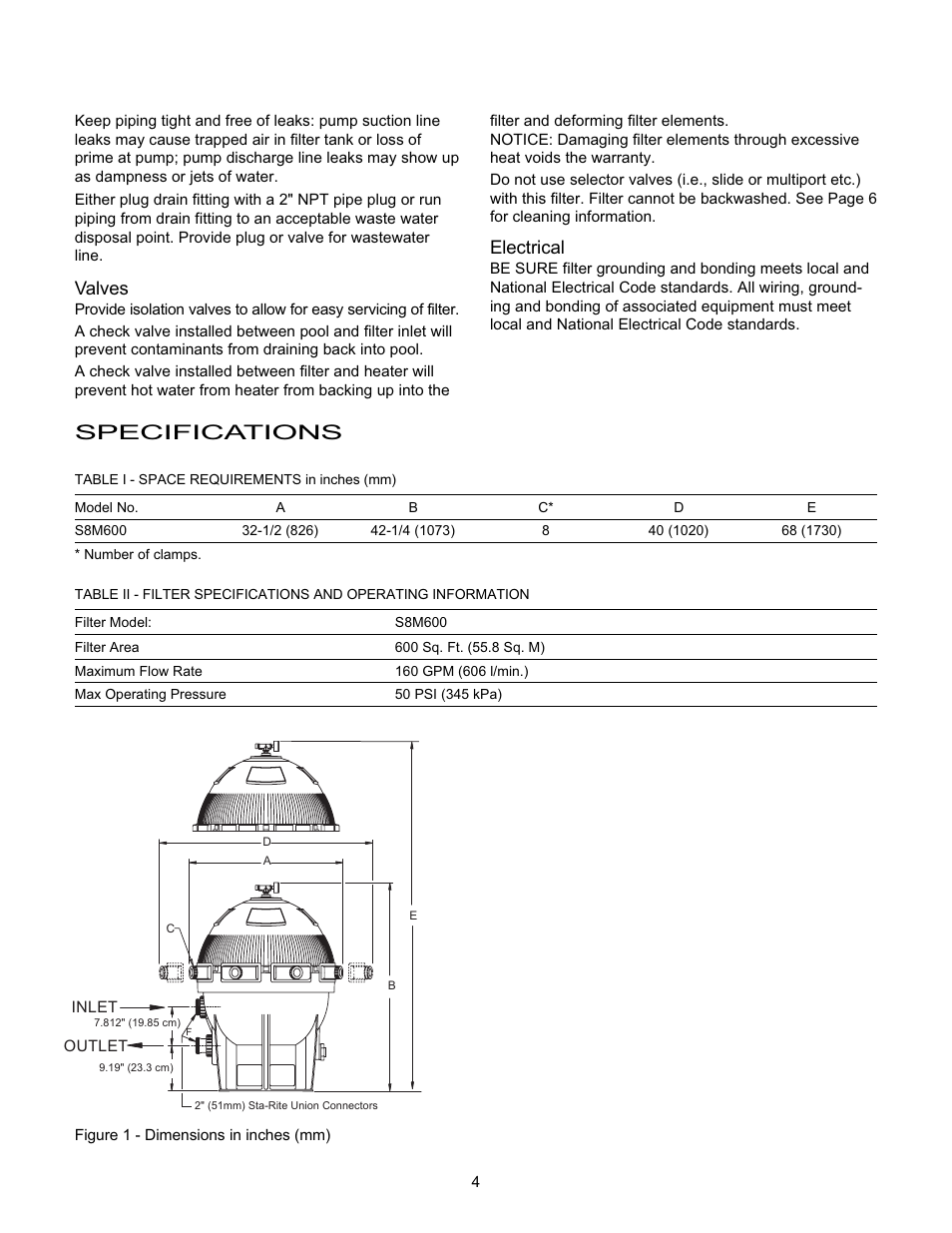Specifications, Valves, Electrical | Pentair System 3 S8M600 User Manual | Page 4 / 12