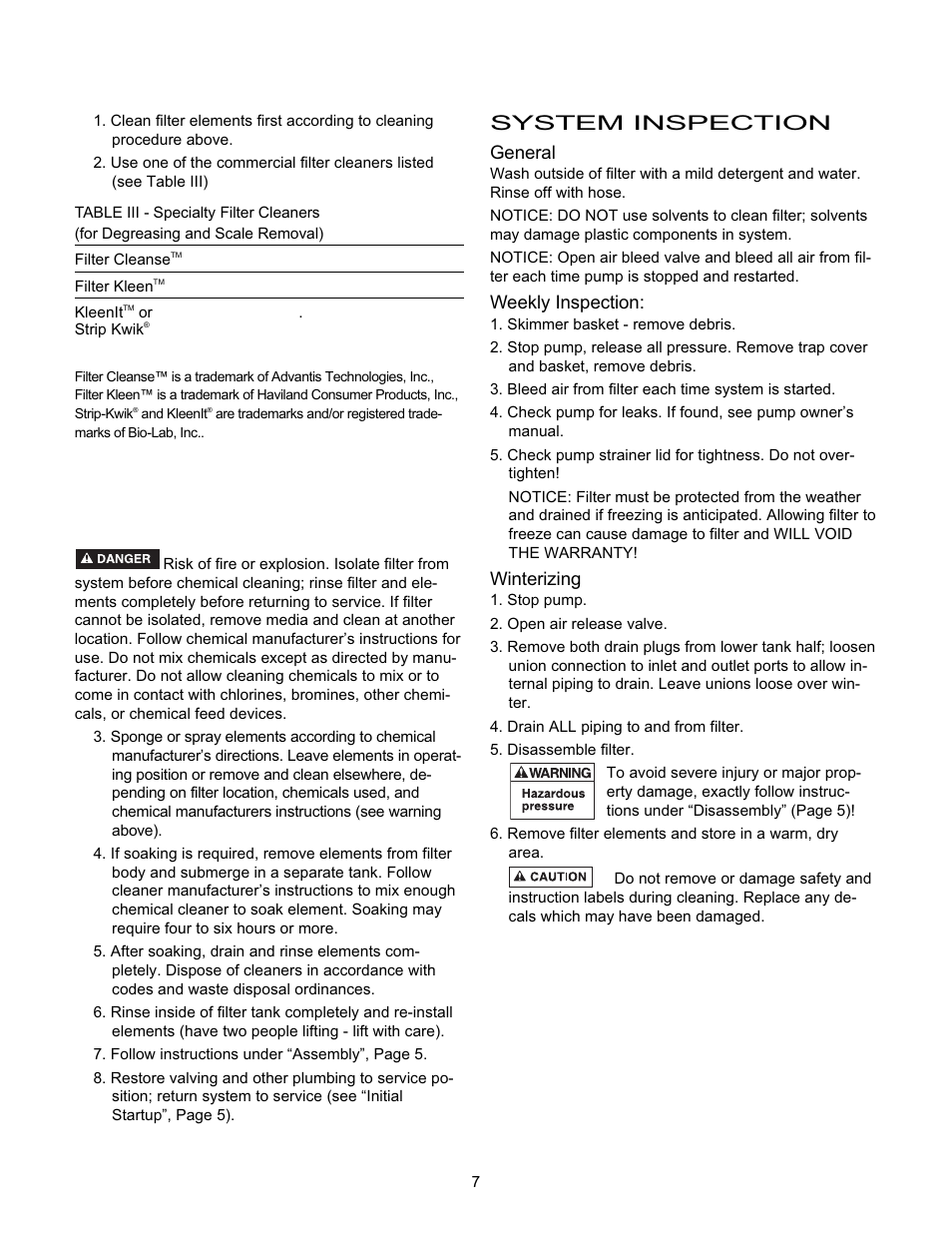 System inspection, General, Weekly inspection | Winterizing | Pentair System 3 S8M600 User Manual | Page 7 / 12