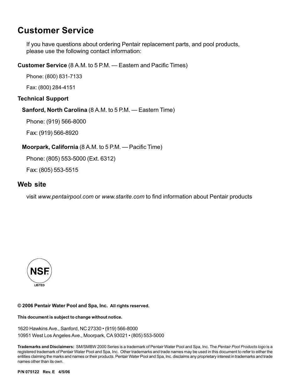 Customer service, Web site | Pentair SM/SMBW 2000 User Manual | Page 2 / 20