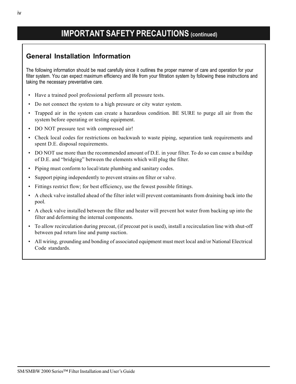 Important safety precautions, General installation information | Pentair SM/SMBW 2000 User Manual | Page 6 / 20