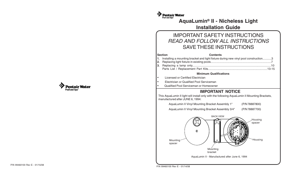 Pentair Nicheless Light AquaLumin II User Manual | 8 pages