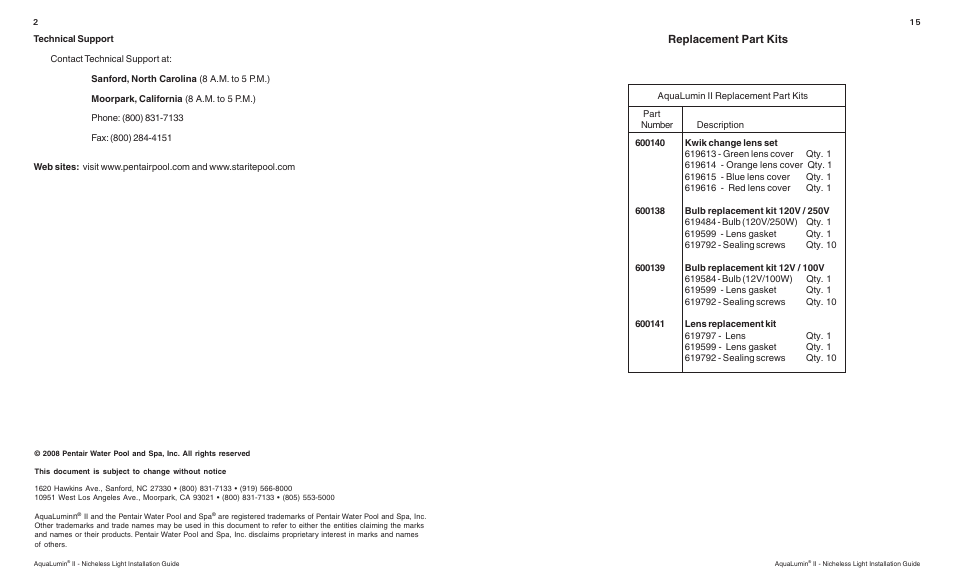 Replacement part kits | Pentair Nicheless Light AquaLumin II User Manual | Page 2 / 8