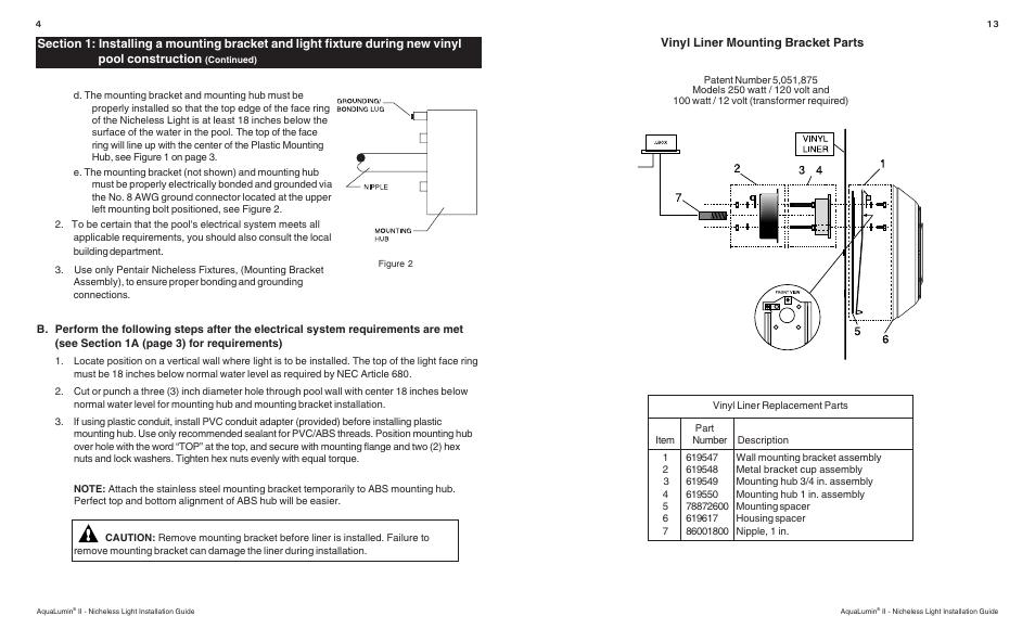 Vinyl liner mounting bracket parts | Pentair Nicheless Light AquaLumin II User Manual | Page 4 / 8