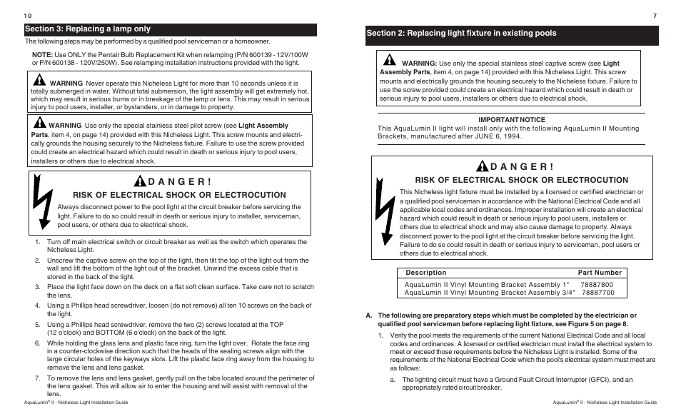Risk of electrical shock or electrocution | Pentair Nicheless Light AquaLumin II User Manual | Page 7 / 8