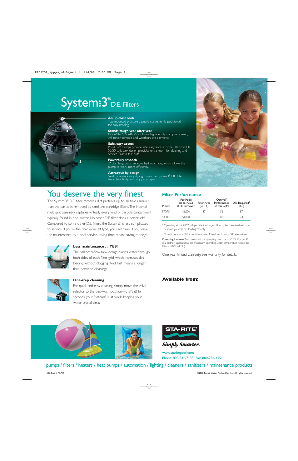 System:.3, You deserve the very finest, D.e. filters | Pentair P1-717 User Manual | Page 2 / 2